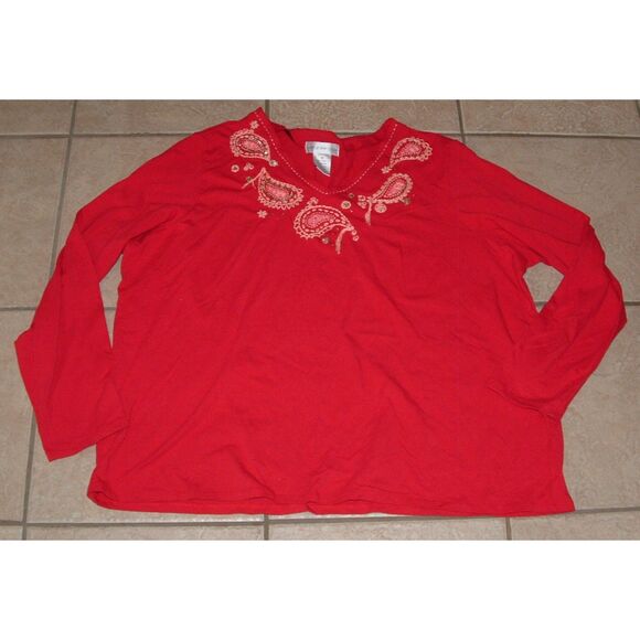 SUSAN GRAVER Embellished Paisley Plus Sz 3X Soft Stretchy Cotton Red Tee Shirt - Picture 1 of 2